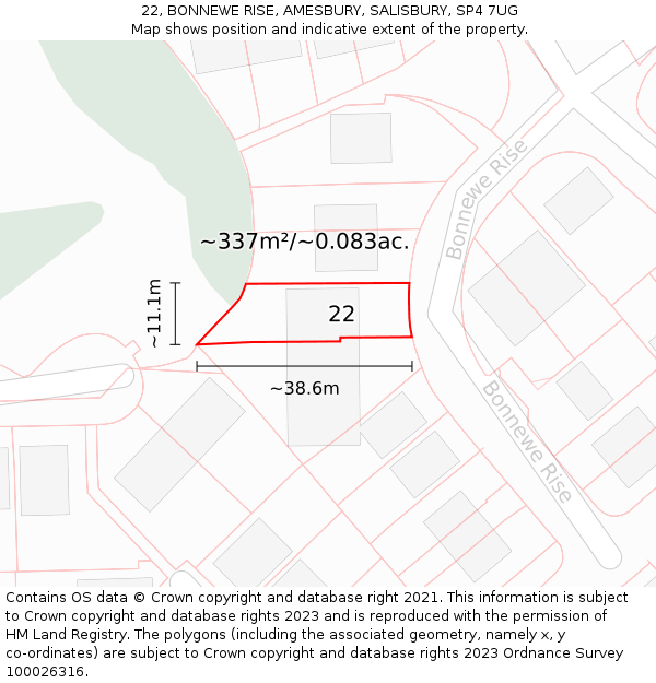 22, BONNEWE RISE, AMESBURY, SALISBURY, SP4 7UG: Plot and title map