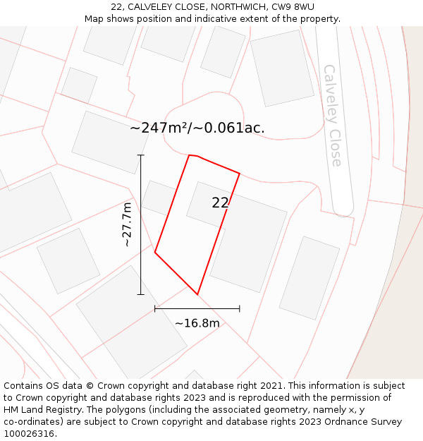 22, CALVELEY CLOSE, NORTHWICH, CW9 8WU: Plot and title map