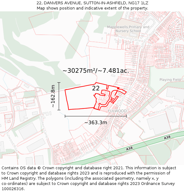 22, DANVERS AVENUE, SUTTON-IN-ASHFIELD, NG17 1LZ: Plot and title map