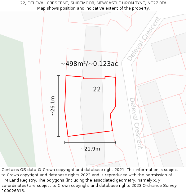 22, DELEVAL CRESCENT, SHIREMOOR, NEWCASTLE UPON TYNE, NE27 0FA: Plot and title map