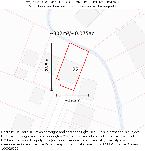 22, DOVERIDGE AVENUE, CARLTON, NOTTINGHAM, NG4 3GR: Plot and title map