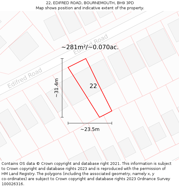 22, EDIFRED ROAD, BOURNEMOUTH, BH9 3PD: Plot and title map