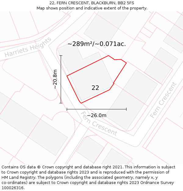 22, FERN CRESCENT, BLACKBURN, BB2 5FS: Plot and title map