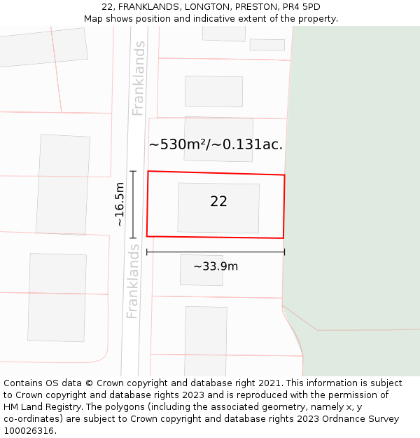 22, FRANKLANDS, LONGTON, PRESTON, PR4 5PD: Plot and title map