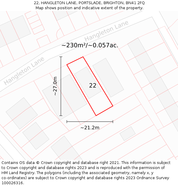 22, HANGLETON LANE, PORTSLADE, BRIGHTON, BN41 2FQ: Plot and title map