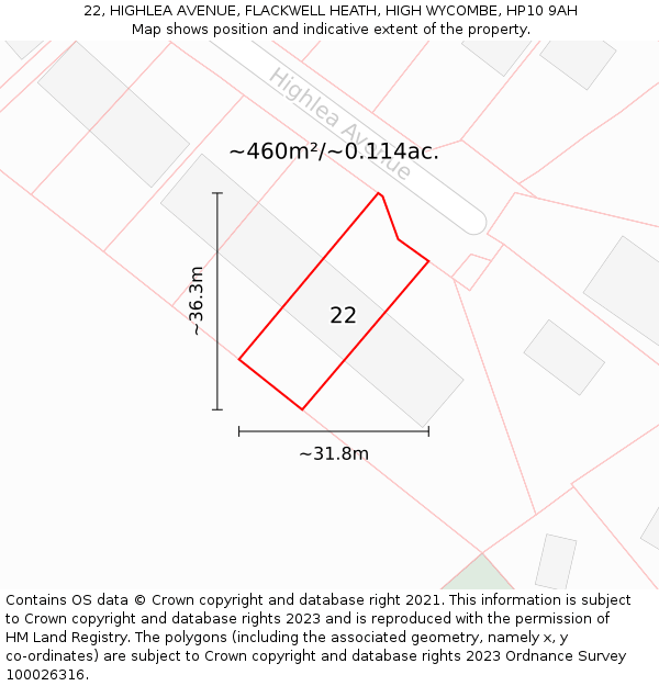 22, HIGHLEA AVENUE, FLACKWELL HEATH, HIGH WYCOMBE, HP10 9AH: Plot and title map