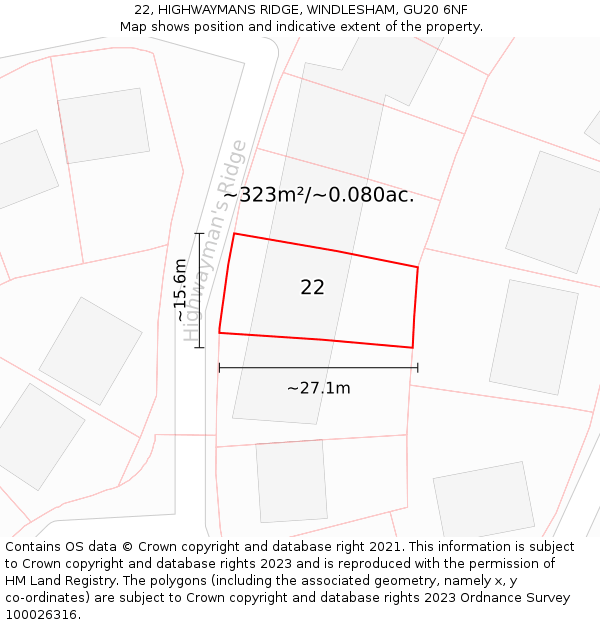 22, HIGHWAYMANS RIDGE, WINDLESHAM, GU20 6NF: Plot and title map