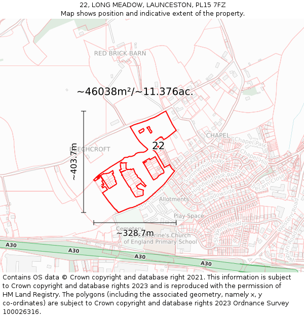 22, LONG MEADOW, LAUNCESTON, PL15 7FZ: Plot and title map