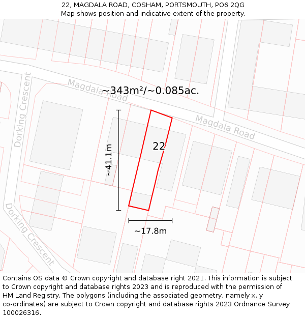 22, MAGDALA ROAD, COSHAM, PORTSMOUTH, PO6 2QG: Plot and title map