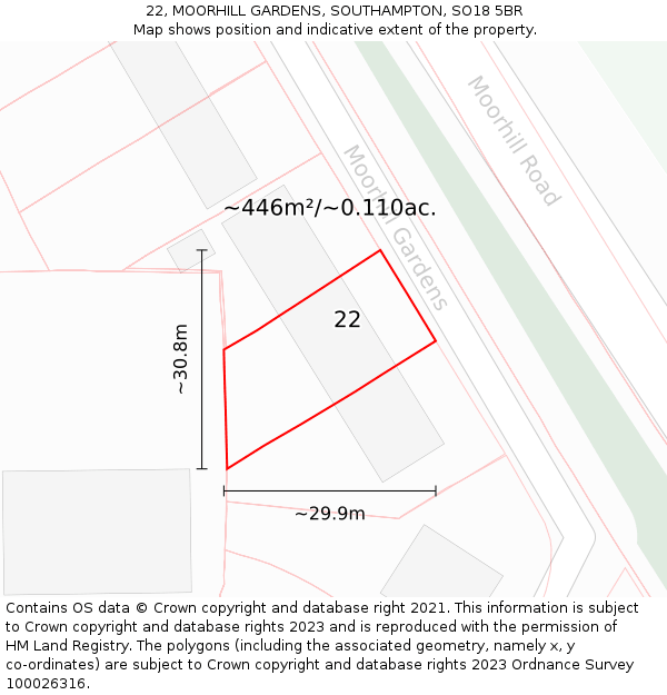 22, MOORHILL GARDENS, SOUTHAMPTON, SO18 5BR: Plot and title map