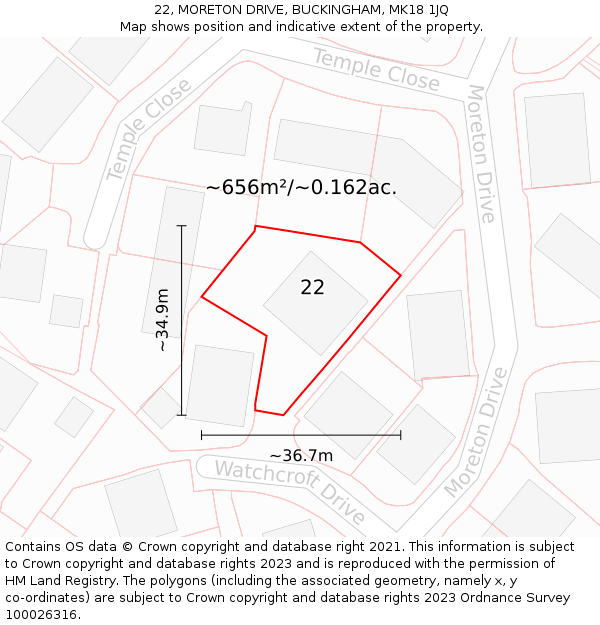 22, MORETON DRIVE, BUCKINGHAM, MK18 1JQ: Plot and title map