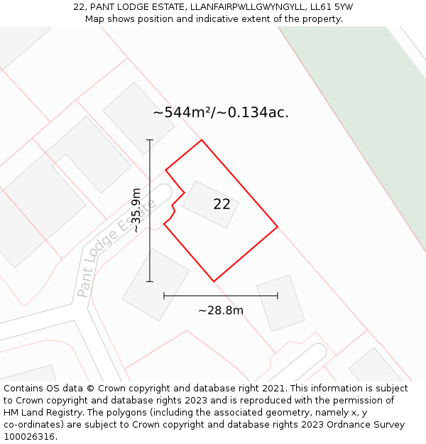 22, PANT LODGE ESTATE, LLANFAIRPWLLGWYNGYLL, LL61 5YW: Plot and title map