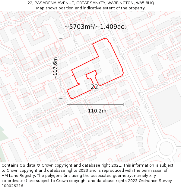 22, PASADENA AVENUE, GREAT SANKEY, WARRINGTON, WA5 8HQ: Plot and title map