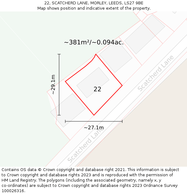 22, SCATCHERD LANE, MORLEY, LEEDS, LS27 9BE: Plot and title map