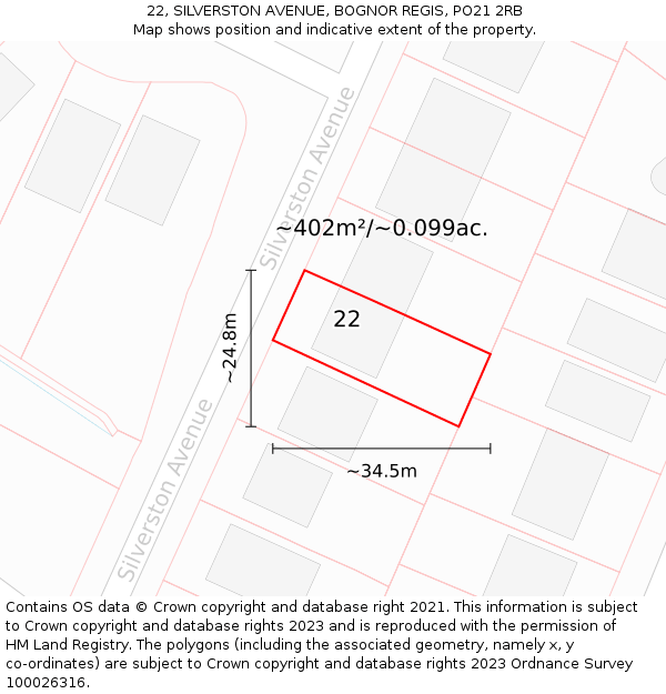 22, SILVERSTON AVENUE, BOGNOR REGIS, PO21 2RB: Plot and title map