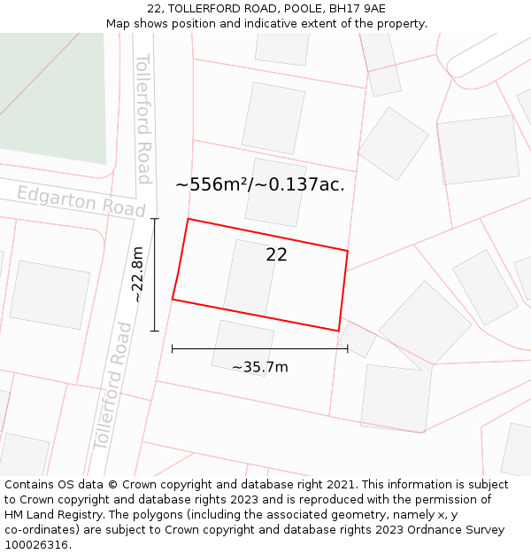 22, TOLLERFORD ROAD, POOLE, BH17 9AE: Plot and title map