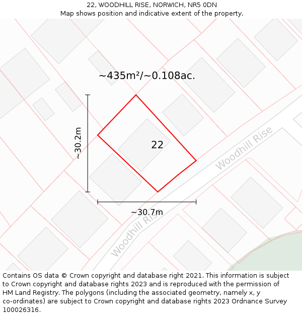 22, WOODHILL RISE, NORWICH, NR5 0DN: Plot and title map