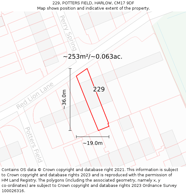 229, POTTERS FIELD, HARLOW, CM17 9DF: Plot and title map