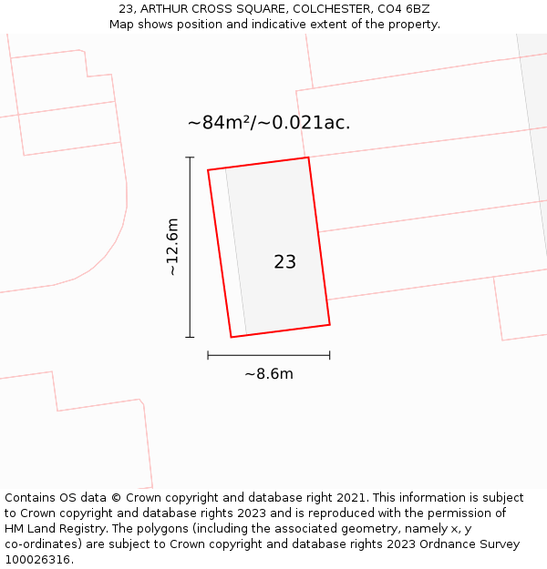 23, ARTHUR CROSS SQUARE, COLCHESTER, CO4 6BZ: Plot and title map