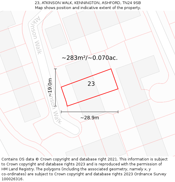 23, ATKINSON WALK, KENNINGTON, ASHFORD, TN24 9SB: Plot and title map