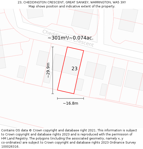 23, CHEDDINGTON CRESCENT, GREAT SANKEY, WARRINGTON, WA5 3XY: Plot and title map