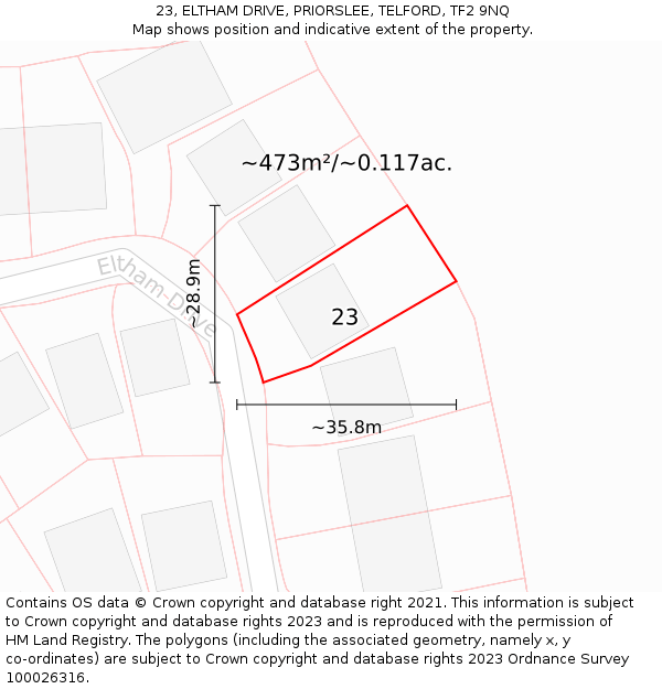 23, ELTHAM DRIVE, PRIORSLEE, TELFORD, TF2 9NQ: Plot and title map