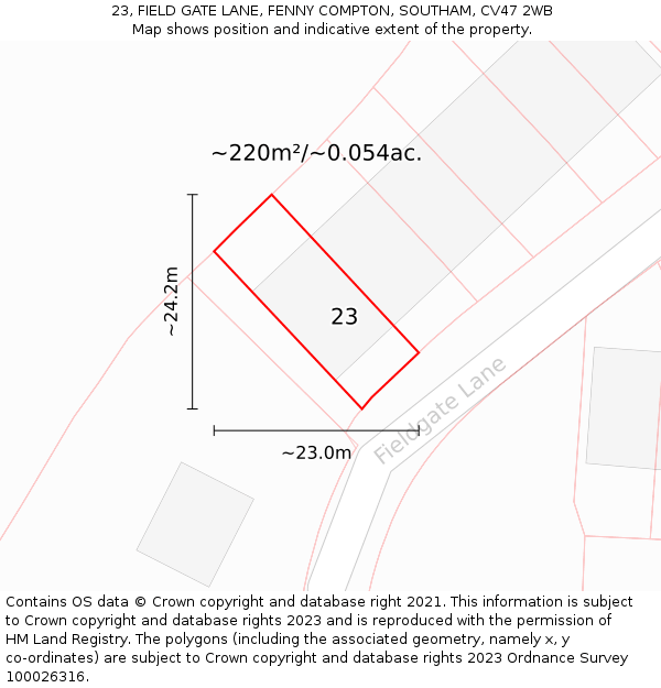 23, FIELD GATE LANE, FENNY COMPTON, SOUTHAM, CV47 2WB: Plot and title map