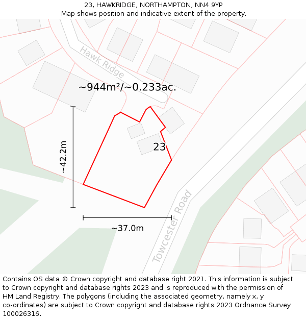 23, HAWKRIDGE, NORTHAMPTON, NN4 9YP: Plot and title map