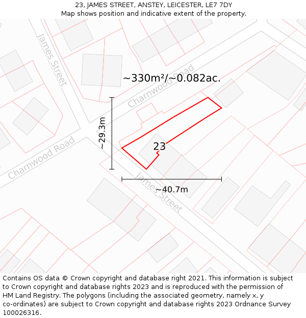 23, JAMES STREET, ANSTEY, LEICESTER, LE7 7DY: Plot and title map