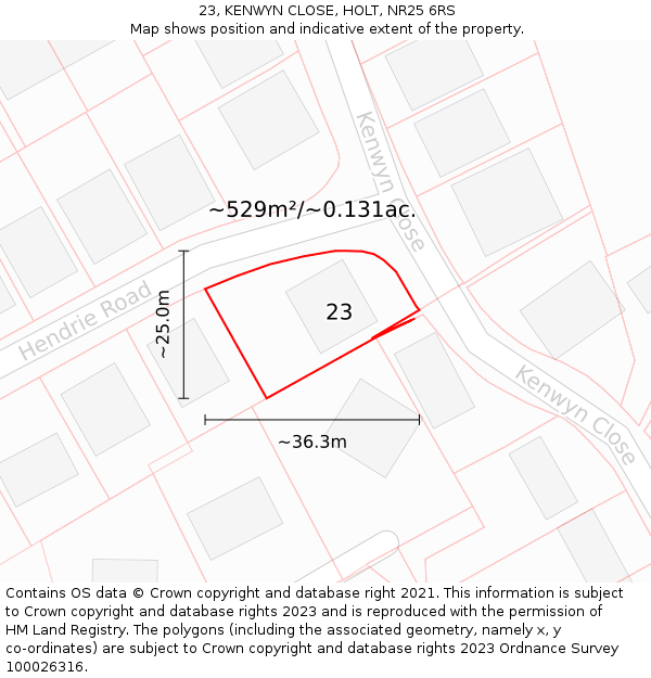 23, KENWYN CLOSE, HOLT, NR25 6RS: Plot and title map