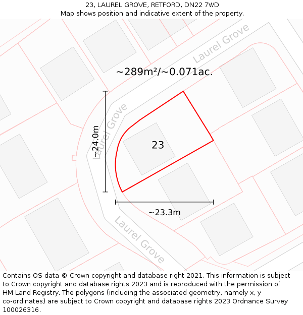 23, LAUREL GROVE, RETFORD, DN22 7WD: Plot and title map