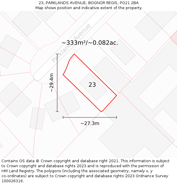 23, PARKLANDS AVENUE, BOGNOR REGIS, PO21 2BA: Plot and title map