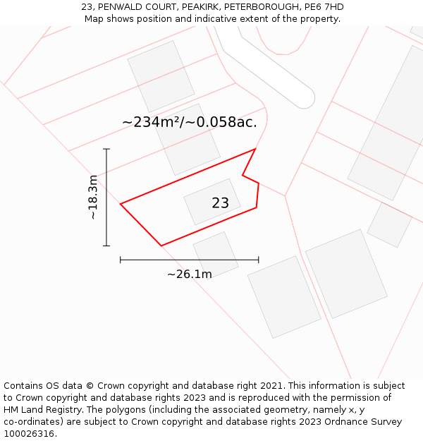 23, PENWALD COURT, PEAKIRK, PETERBOROUGH, PE6 7HD: Plot and title map