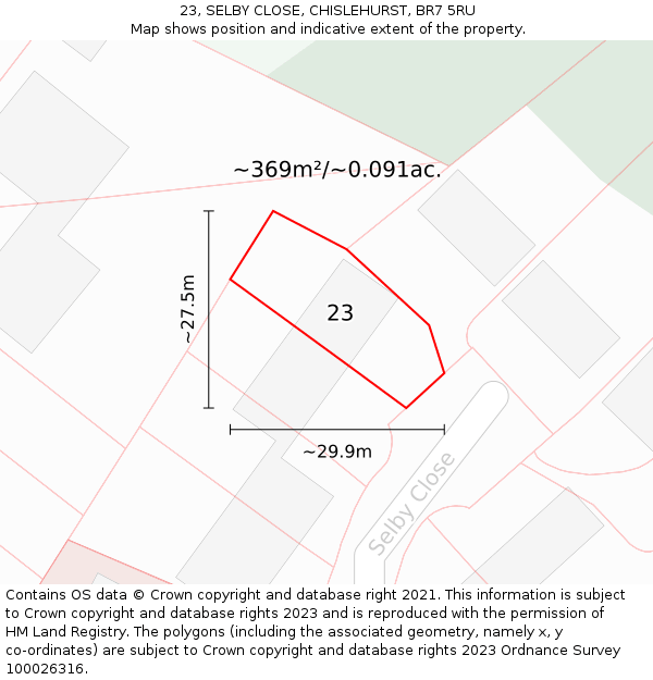 23, SELBY CLOSE, CHISLEHURST, BR7 5RU: Plot and title map