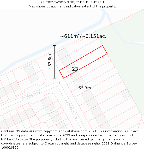 23, TRENTWOOD SIDE, ENFIELD, EN2 7EU: Plot and title map