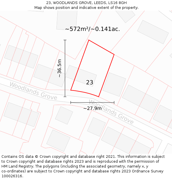 23, WOODLANDS GROVE, LEEDS, LS16 8GH: Plot and title map