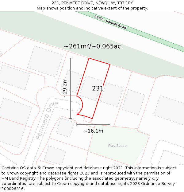 231, PENMERE DRIVE, NEWQUAY, TR7 1RY: Plot and title map