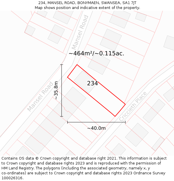 234, MANSEL ROAD, BONYMAEN, SWANSEA, SA1 7JT: Plot and title map