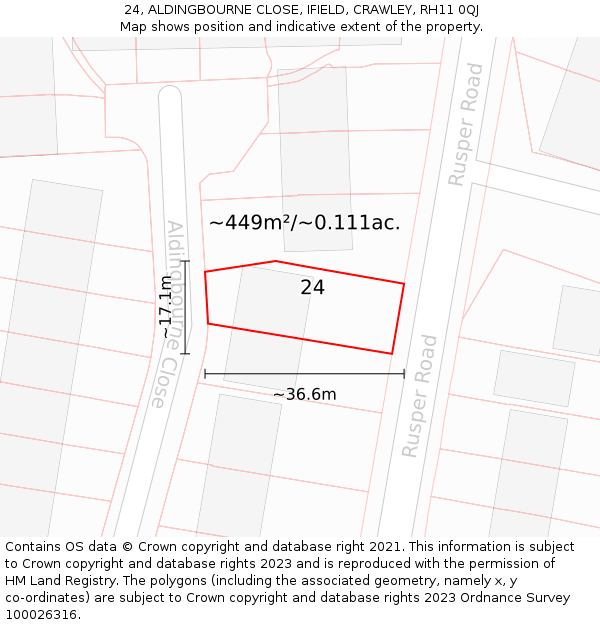 24, ALDINGBOURNE CLOSE, IFIELD, CRAWLEY, RH11 0QJ: Plot and title map