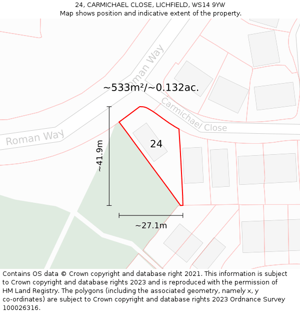 24, CARMICHAEL CLOSE, LICHFIELD, WS14 9YW: Plot and title map