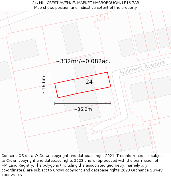 24, HILLCREST AVENUE, MARKET HARBOROUGH, LE16 7AR: Plot and title map