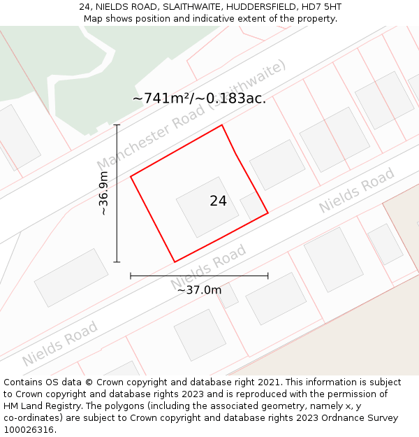 24, NIELDS ROAD, SLAITHWAITE, HUDDERSFIELD, HD7 5HT: Plot and title map