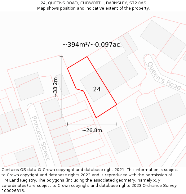 24, QUEENS ROAD, CUDWORTH, BARNSLEY, S72 8AS: Plot and title map