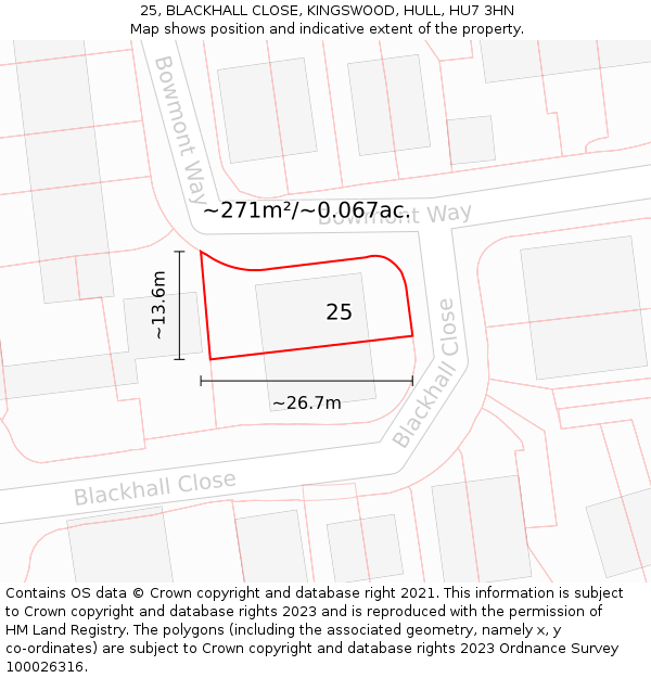 25, BLACKHALL CLOSE, KINGSWOOD, HULL, HU7 3HN: Plot and title map