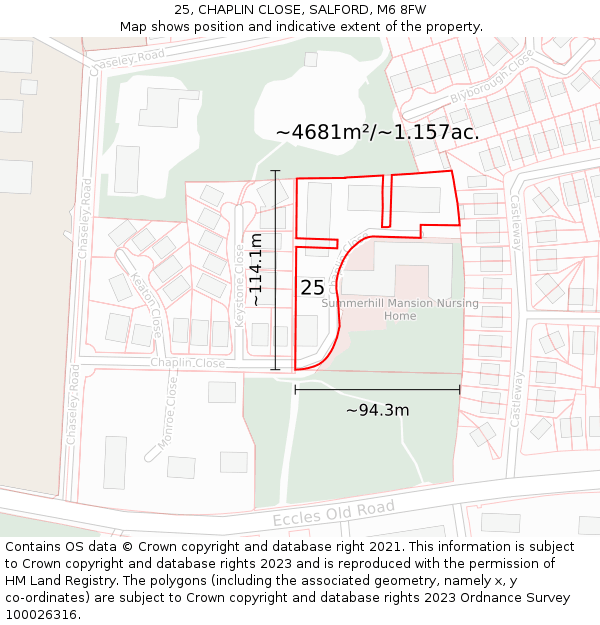 25, CHAPLIN CLOSE, SALFORD, M6 8FW: Plot and title map