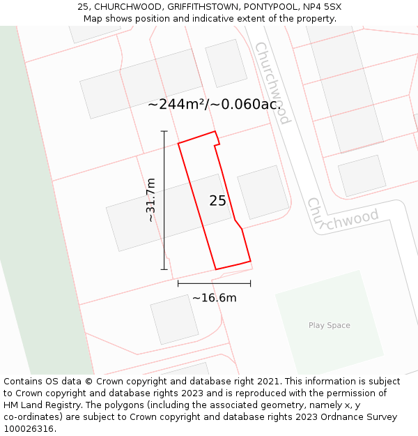 25, CHURCHWOOD, GRIFFITHSTOWN, PONTYPOOL, NP4 5SX: Plot and title map