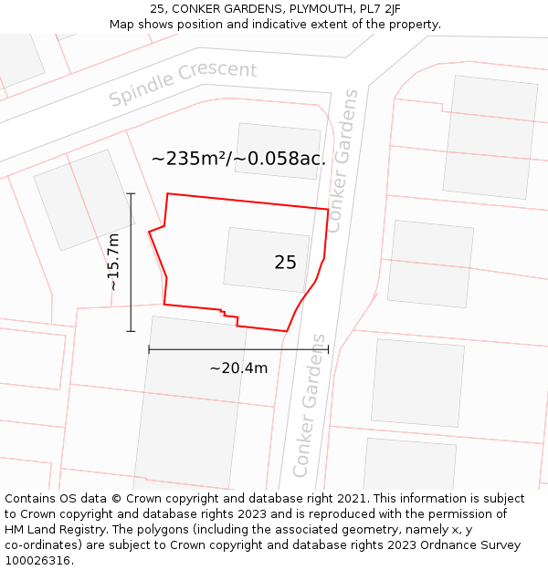 25, CONKER GARDENS, PLYMOUTH, PL7 2JF: Plot and title map