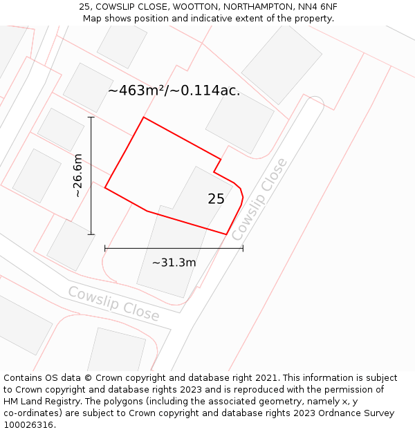 25, COWSLIP CLOSE, WOOTTON, NORTHAMPTON, NN4 6NF: Plot and title map