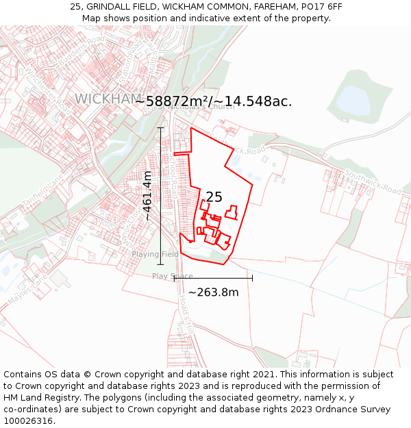 25, GRINDALL FIELD, WICKHAM COMMON, FAREHAM, PO17 6FF: Plot and title map