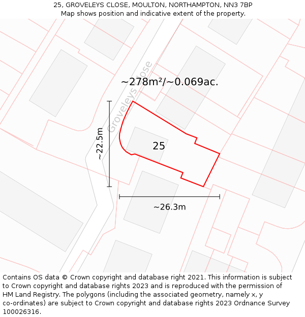 25, GROVELEYS CLOSE, MOULTON, NORTHAMPTON, NN3 7BP: Plot and title map